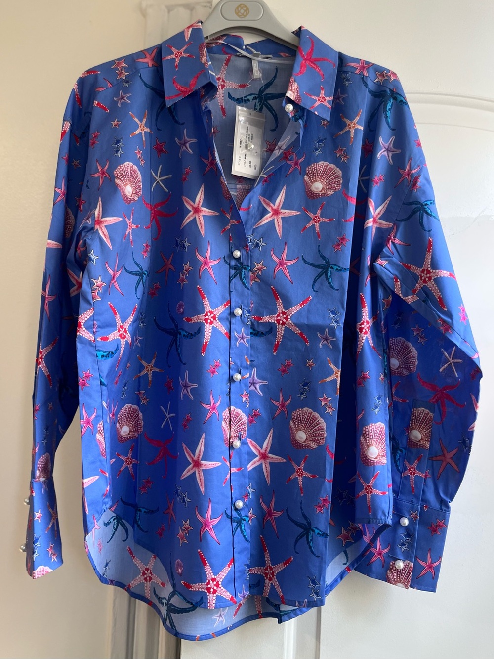 $275 HINSON WU LARISSA Long Sleeve Blue Starfish Print Button-Up Blouse Tunic L